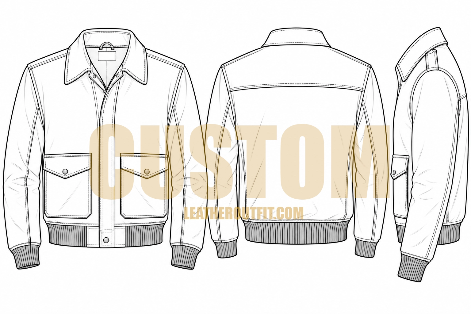 Custom A-2 Flight Leather Jacket technical flat sketch showing front, back and side views – LeatherOutfit.com