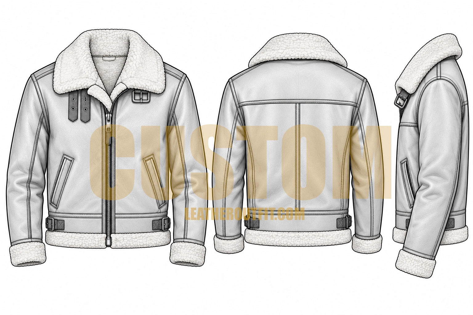 Custom B-3 Aviator Leather Jacket with shearling collar, front, back and side technical sketch – LeatherOutfit.com