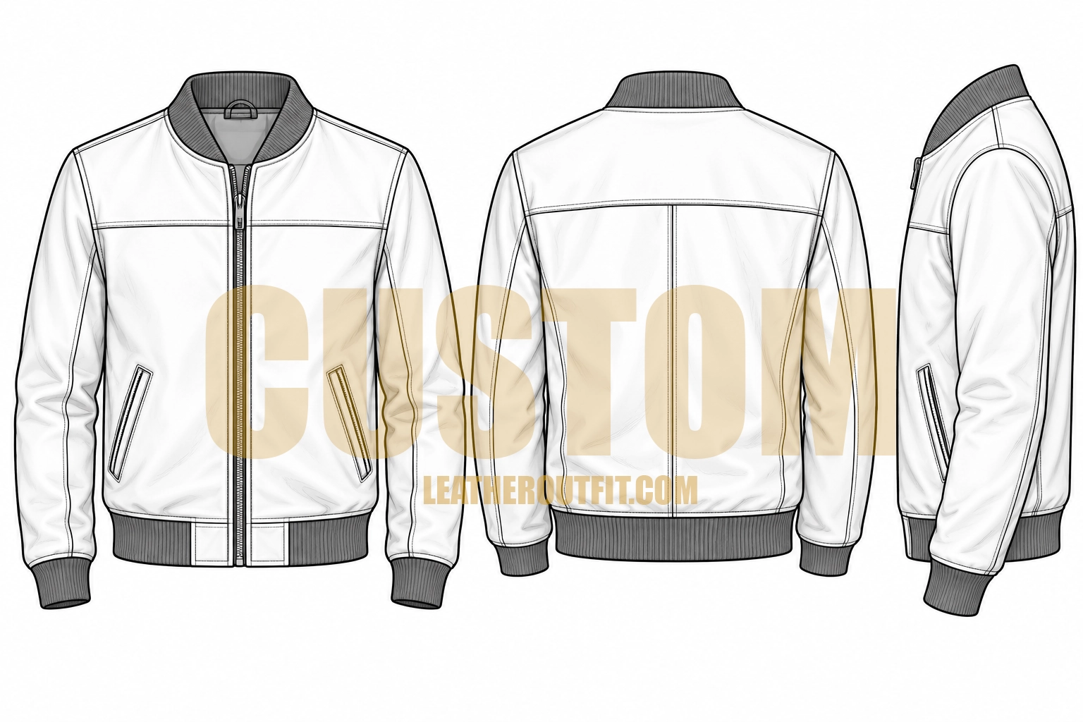 Custom Bomber Leather Jacket technical drawing with front, back and side views – LeatherOutfit.com