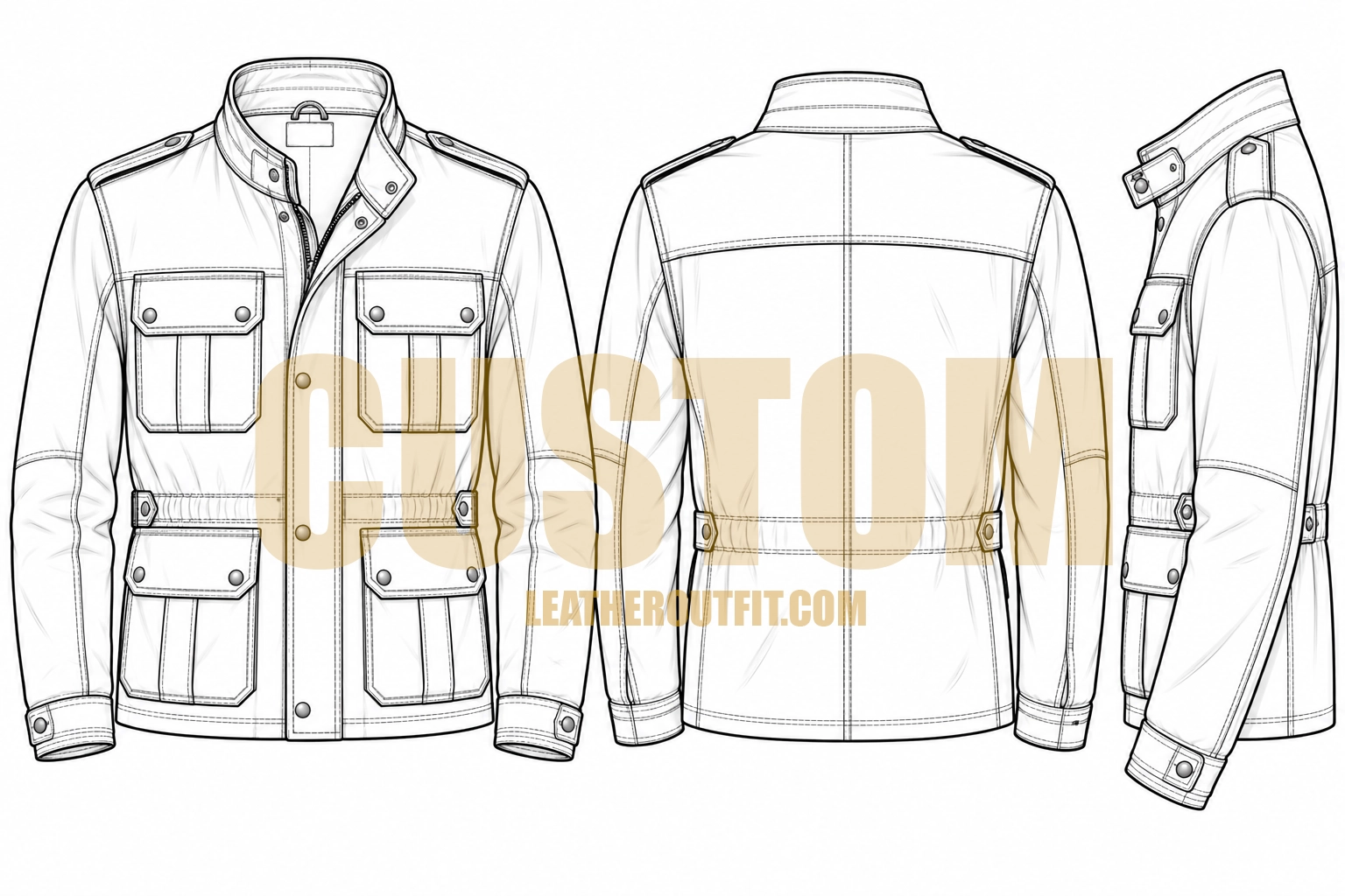 Custom Field Leather Jacket technical flat drawing with four flap pockets and stand collar – LeatherOutfit.com