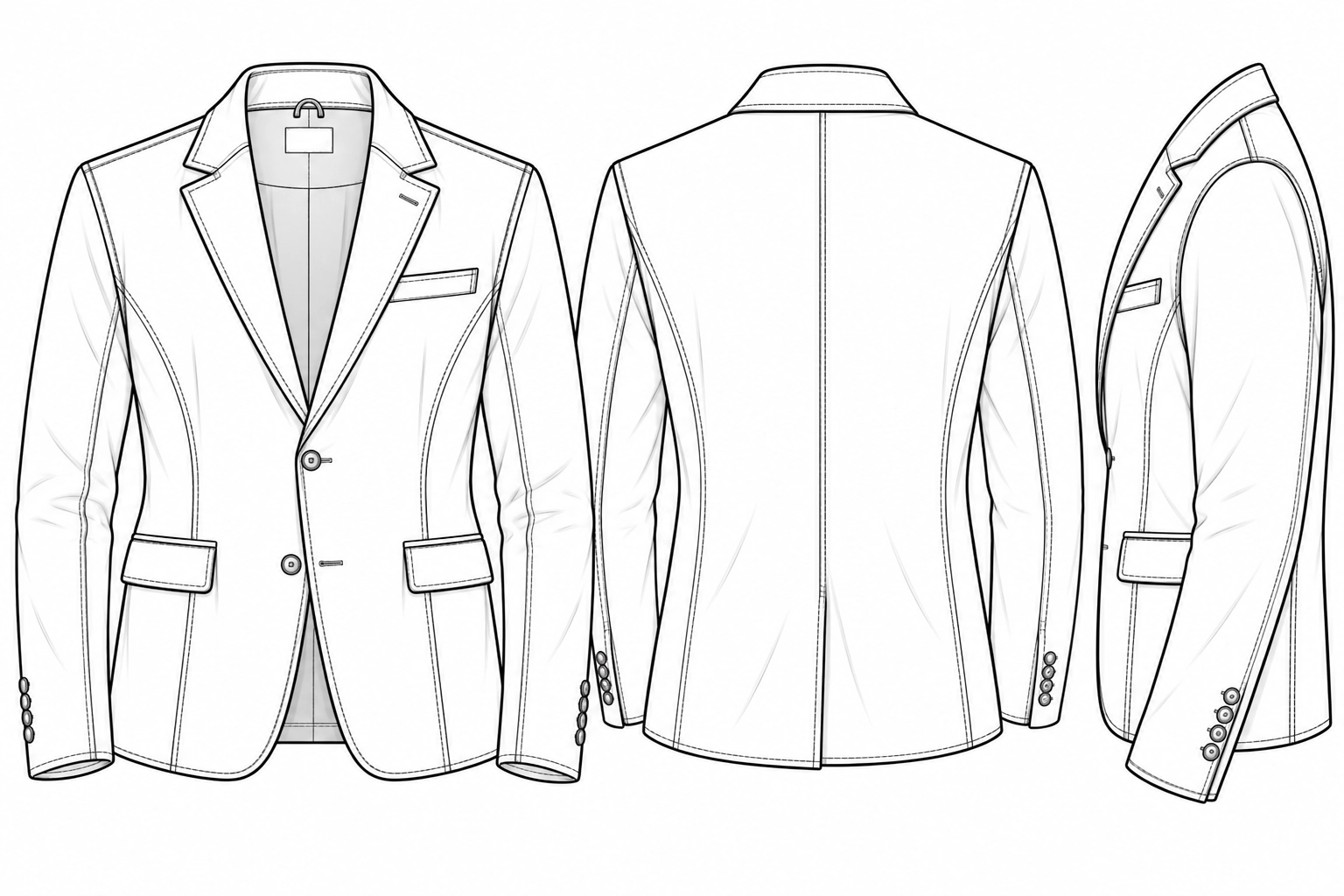Custom Leather Blazer technical fashion sketch showing front, back and side views – LeatherOutfit.com