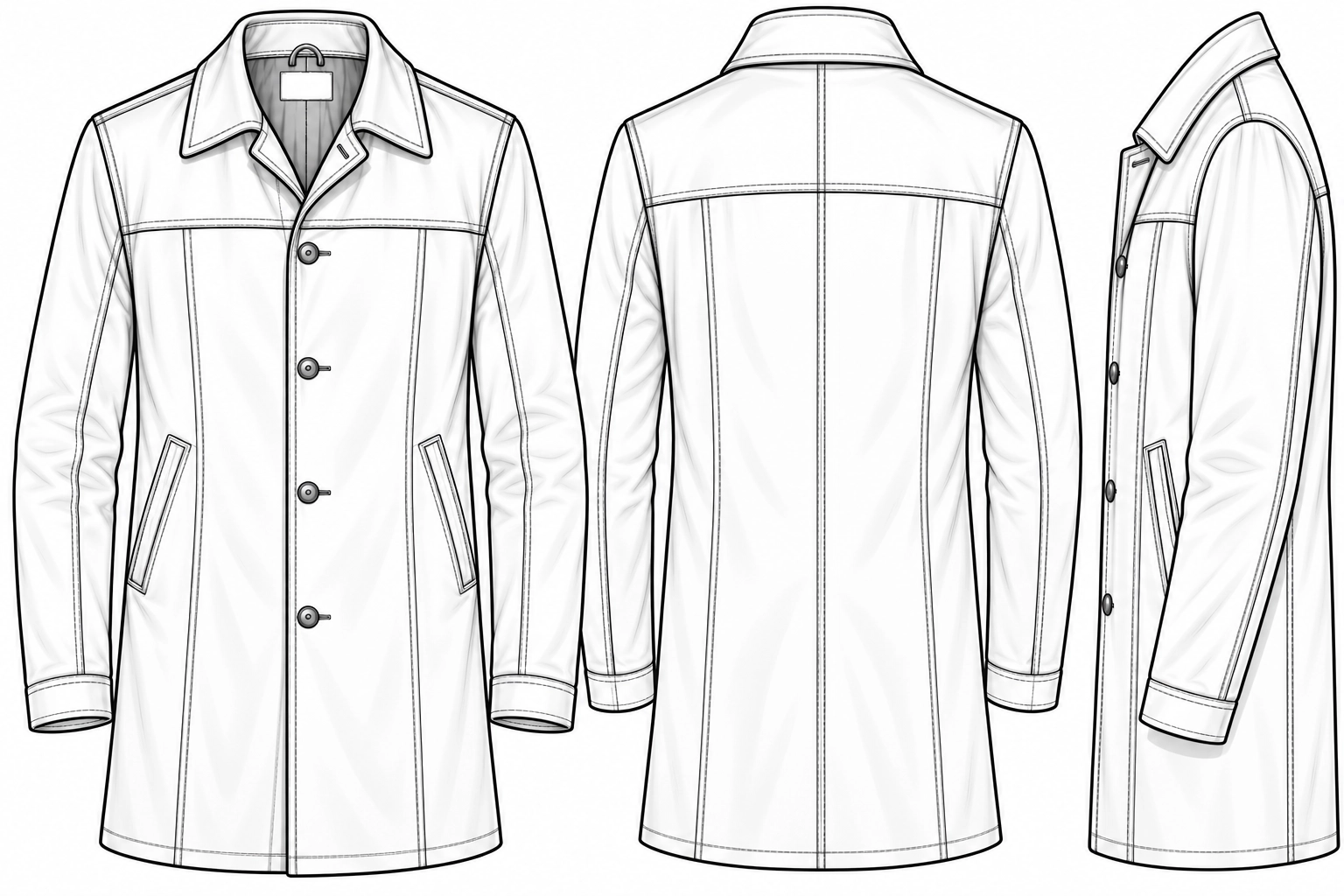 Custom Leather Car Coat front, back and side technical fashion sketch – LeatherOutfit.com
