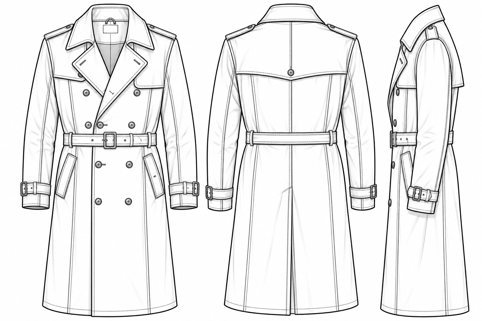 Custom Leather Trench Coat technical sketch with double-breasted buttons and belted waist – LeatherOutfit.com