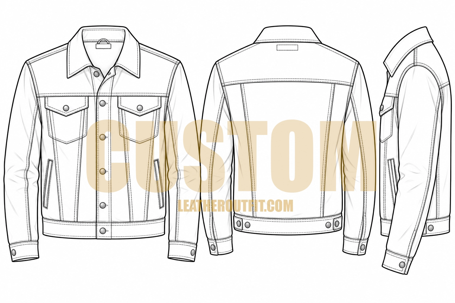 Custom Trucker Leather Jacket front, back and side fashion technical sketch – LeatherOutfit.com