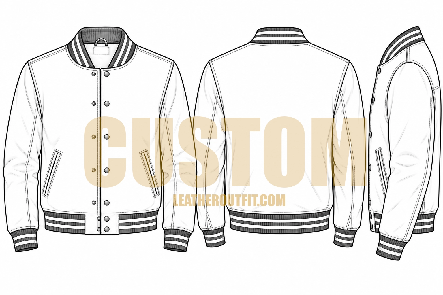 Custom Varsity Leather Jacket technical sketch with striped ribbed collar, cuffs and waistband – LeatherOutfit.com