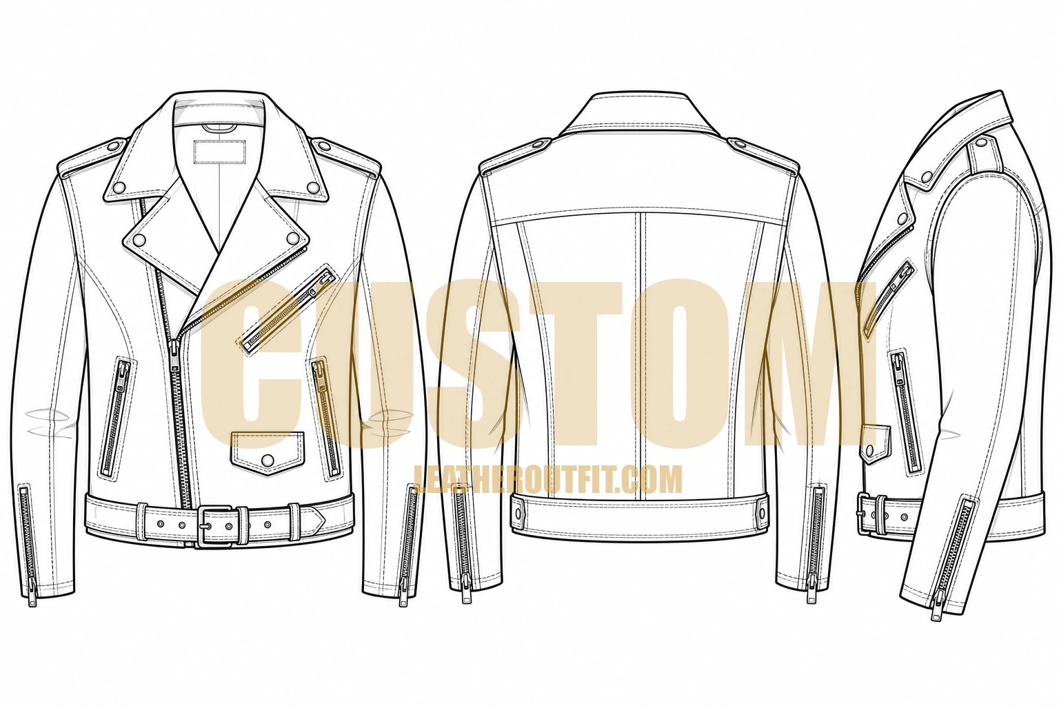 Custom Biker Leather Jacket technical flat sketch showing front, back and side views – LeatherOutfit.com