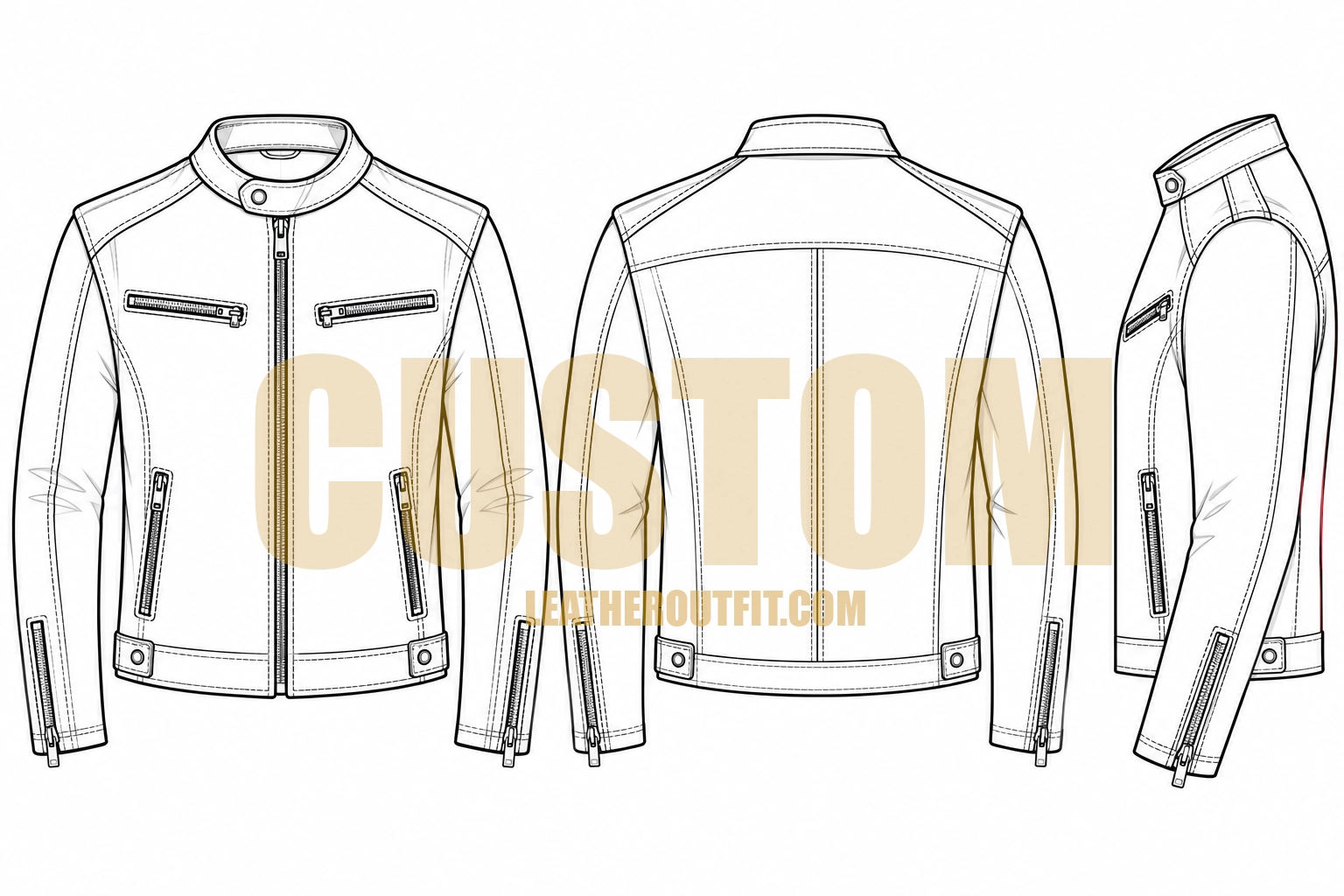 Custom Café Racer Leather Jacket front, back and side technical sketch – LeatherOutfit.com