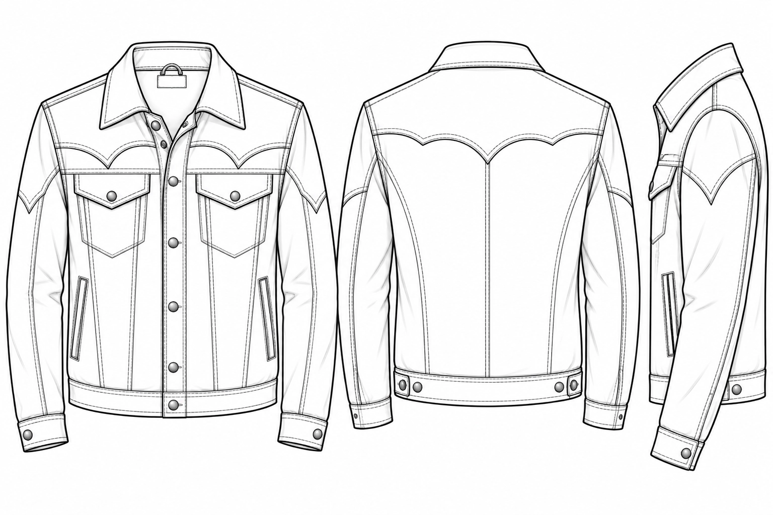 Custom Western Leather Jacket technical sketch with pointed yokes and snap-button pockets – LeatherOutfit.com