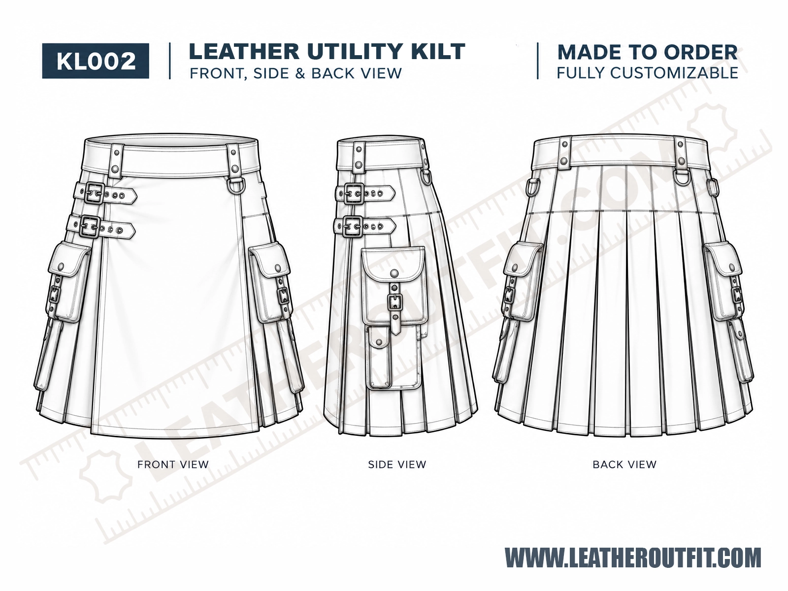 Custom-made genuine leather utility kilt showing front, side, and back technical sketches with cargo pockets, adjustable buckle straps, belt loops, and metal rivets.