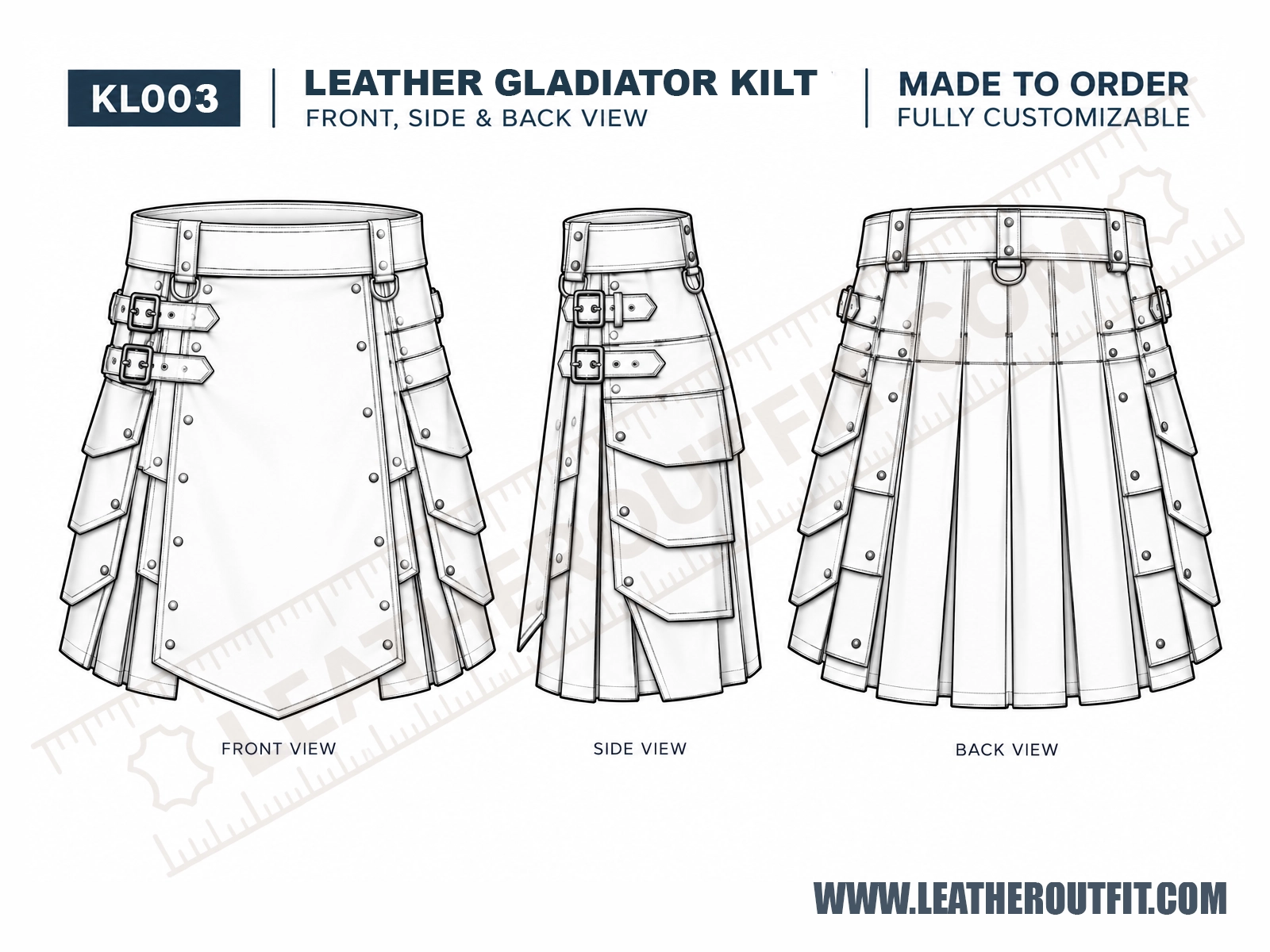 Custom-made genuine leather gladiator kilt showing front, side, and back technical sketches with layered leather panels, adjustable buckles, straps, and metal rivets.