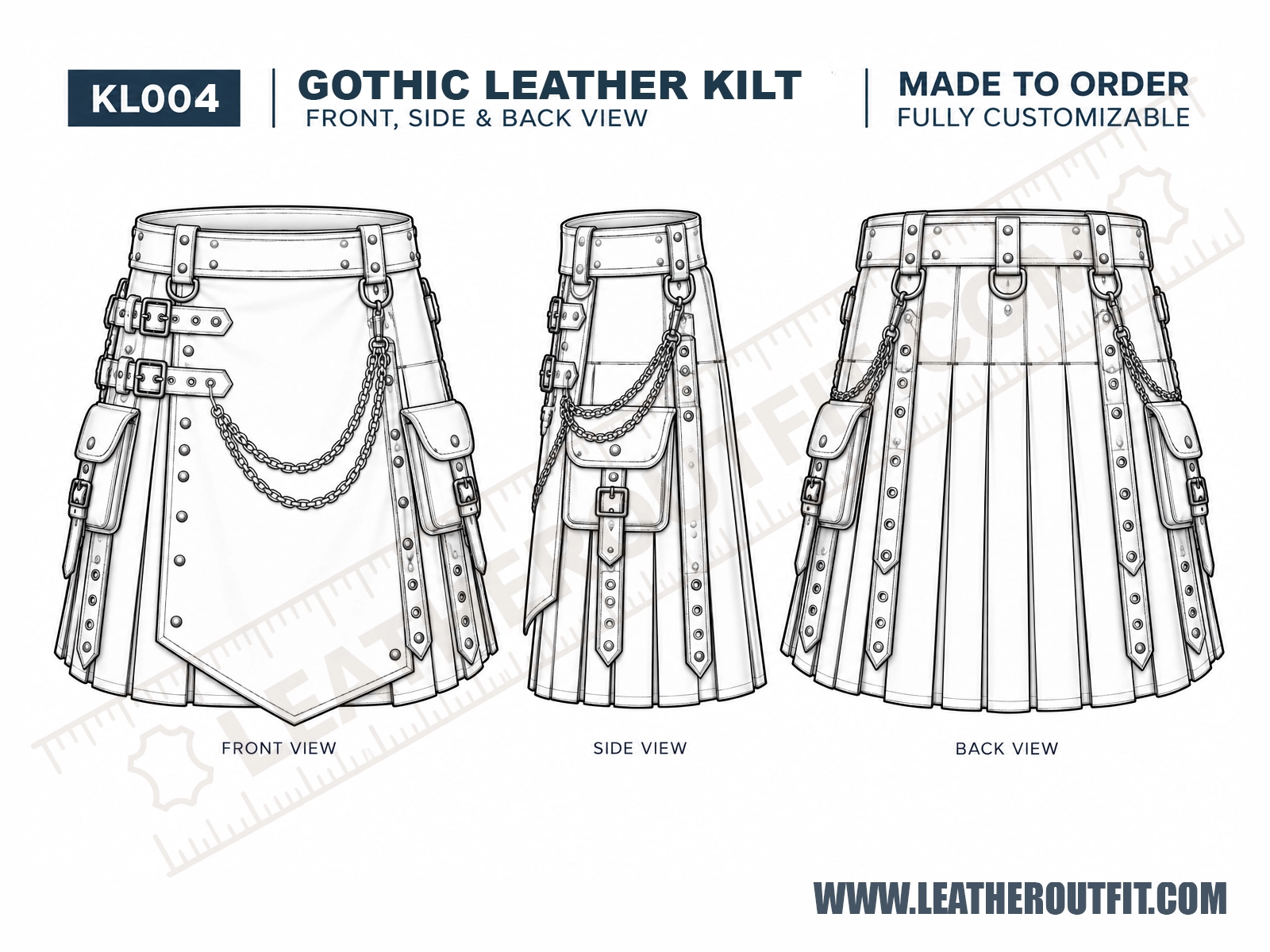 Custom-made gothic genuine leather kilt showing front, side, and back technical sketches with metal chains, adjustable buckles, straps, and utility pockets.