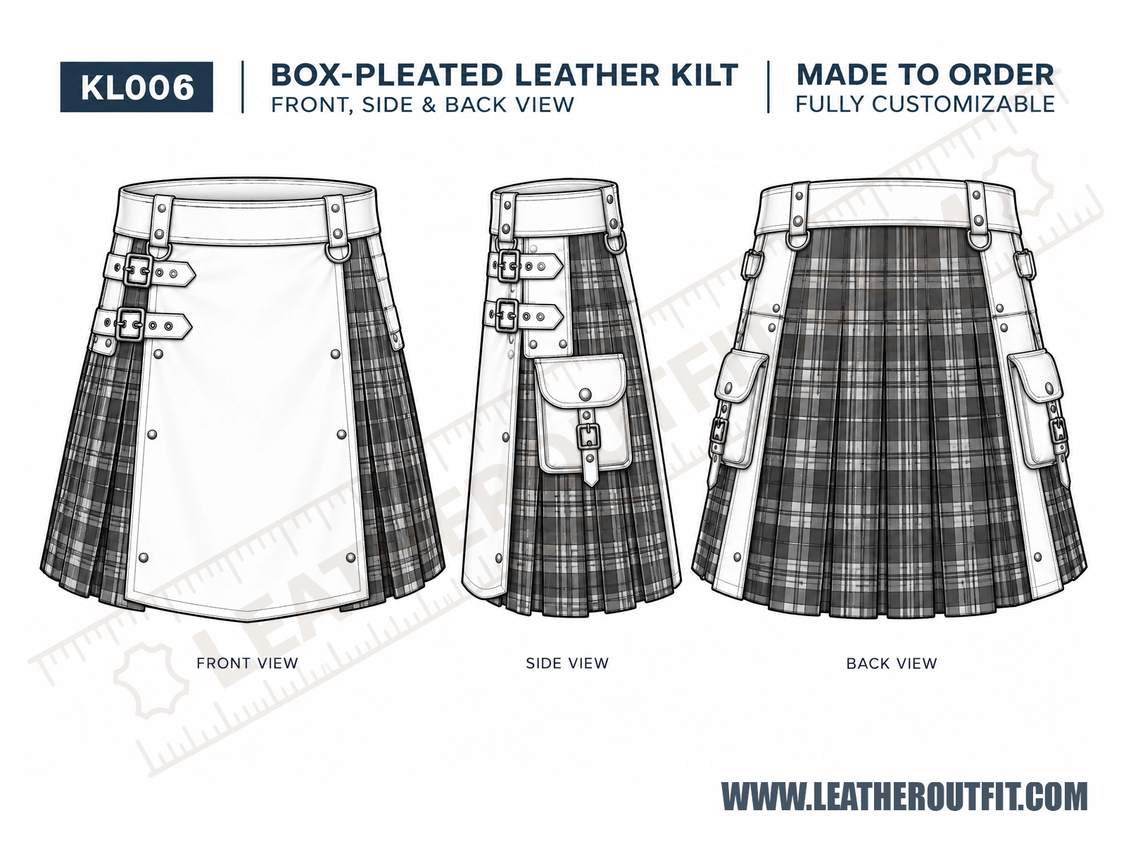 Custom-made hybrid leather kilt showing front, side, and back technical sketches with genuine leather panels, pleated tartan fabric, and adjustable buckle closures.