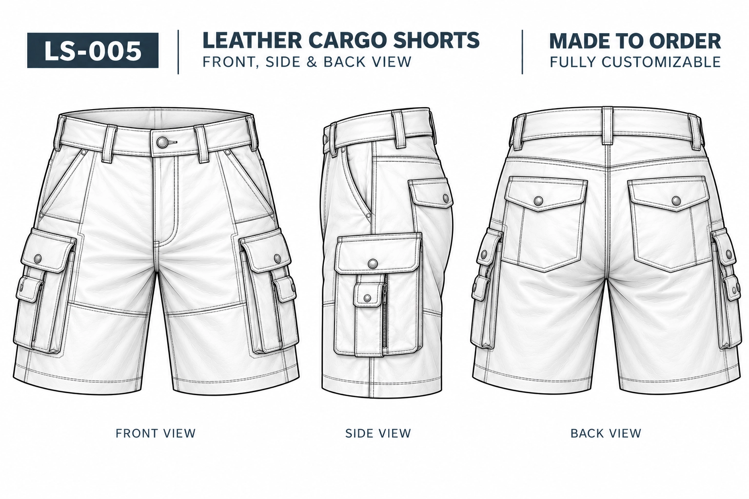 LS-005 custom leather cargo shorts technical sketch showing front, side, and back views with multiple utility pockets, belt loops, and detailed stitching.